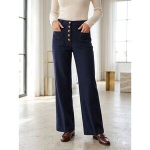 House of Harlow 1960 Ribbed Knit Wide Leg Button Fly Pants in Navy size 12
